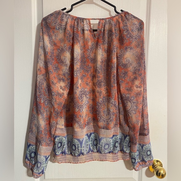 Lucky Brand Boho Tassel Tie Lightweight Coastal Paisley Sheer Blouse Size Medium - Picture 7 of 10